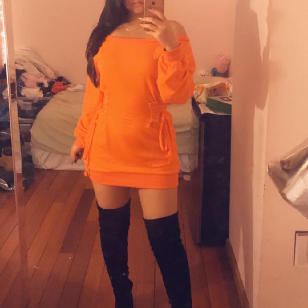 Orange corset dress. Off the shoulder
